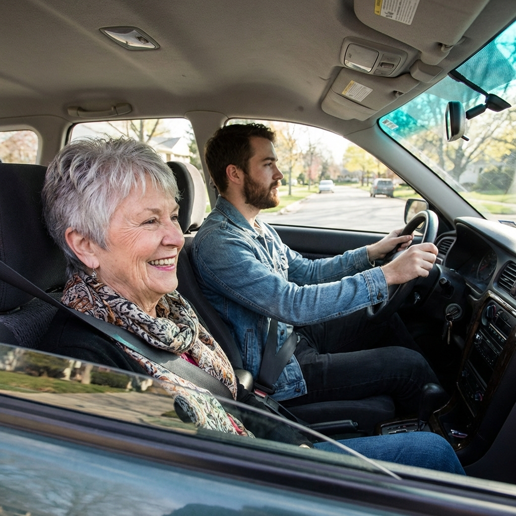 an older driver in a car getting driven by her son.