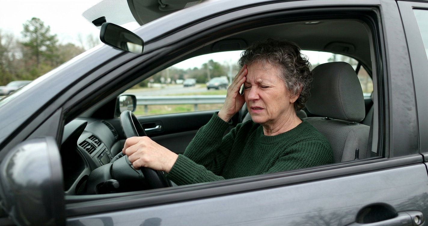 Image of an older woman having a migraine headache while driving a car